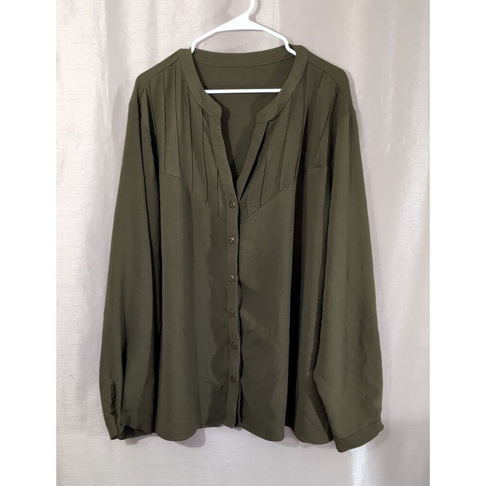 Women's 4X Blouse Long Sleeve Olive Green Pintuck V Neck Button Up Career Boho